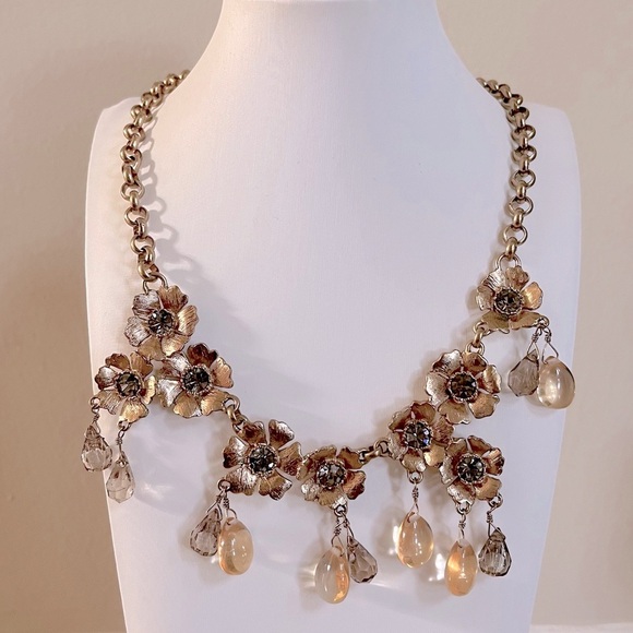 J. Crew Jewelry - J. Crew Asymmetrical Gold Flower & Crystal Rhinestone Statement Necklace Rare